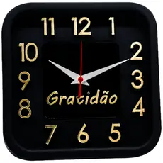 Relógio de Parede Preto  com Dourado Sigma Quadrado Gratidão 24 cm Silencioso Decoração Sala Cozinha Escritório