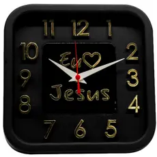 Relógio de Parede Preto  com Dourado Sigma Quadrado Eu Amo Jesus 24 cm Silencioso Decoração Sala Cozinha Escritório