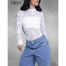 💕Body Feminino de Renda Manga Longa 2028