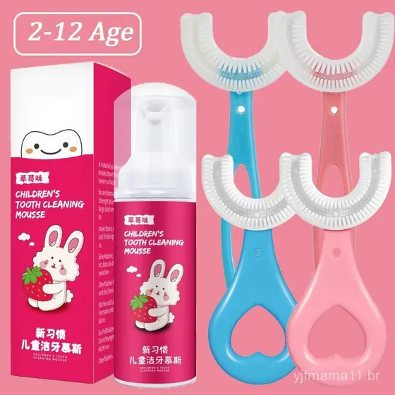 Conjunto de escova de dentes em silicone em formato de U e pasta de dentes, adequado para crianças de 2 a 12 anos 360 °