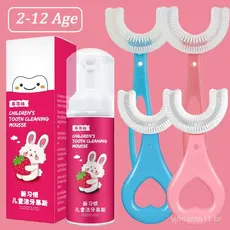 Conjunto de escova de dentes em silicone em formato de U e pasta de dentes, adequado para crianças de 2 a 12 anos 360 °
