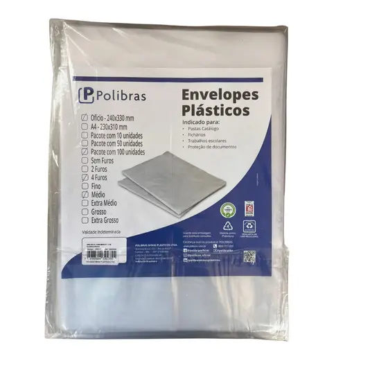 Envelope Plástico Ofício 4 Furos Fino Pacote 100 Un Polibras 0x240x330mm Para Documentos