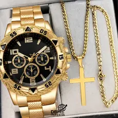 Relógio Masculino Aço Inox + Corrente + Pulseira + Pingente de Cruz | Kit Estilo Premium