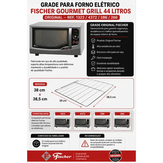 Grade para Forno Elétrico Fischer Gourmet Grill 44L Original – Ref. 1323 / 4372 / 286 / 266