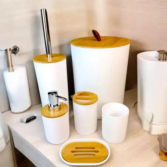 Kit Acessórios de Banheiro 6 Peças Porta Escova de Dentes Lixeira Porta Sabonete Saboneteira Escova Sanitária - Sortido