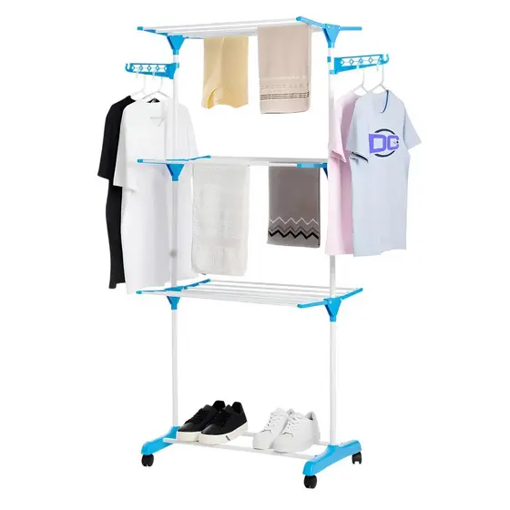 Varal De Roupas De Chão Com Bandejas E Pés Dobráveis 3 Andares Com Cabideiro 6 Prateleiras Com 4 Varas De Aço - Branco