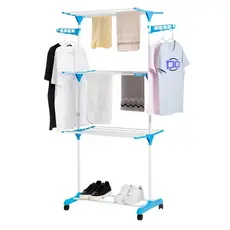 Varal De Roupas De Chão Com Bandejas E Pés Dobráveis 3 Andares Com Cabideiro 6 Prateleiras Com 4 Varas De Aço - Branco