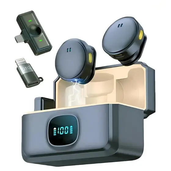 Microfone De Lapela Sem Fio Magnético Com Caixa e 2 Mics