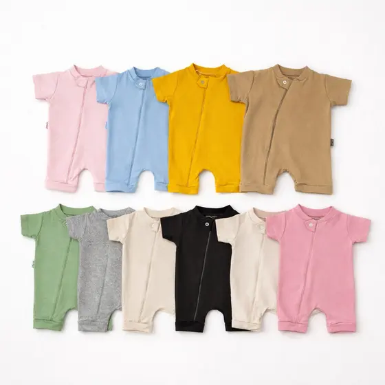 Macacão Curto com Zíper Bebe Romper Suedine 100% Algodão Verão Enxoval de Bebe Macacão de Bebe