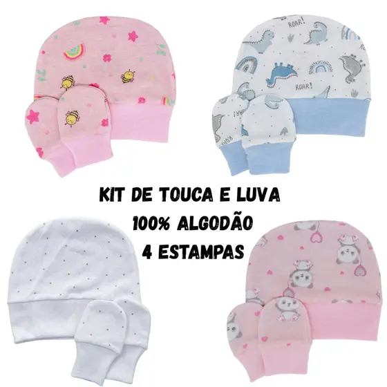 Kit Touca e Luvas Bebê Algodão 100% – Jardim Encantado, Panda Rosa, Dino, Estrelas - Enxoval de Bebe