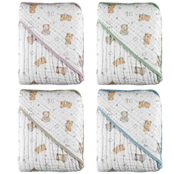 Toalha com capuz Soft Ursinho 68x68cm 100% Algodão Dupla Camada Macia Inconfral Enxoval de Bebe