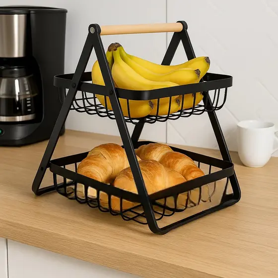 Fruteira Cesto Alça Madeira Organizador Cozinha Prateleira Rack Guarda Frutas Legumes Verdura