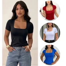 Body Collant Com Manga Body Elegante Feminino Manga Curta Decote Quadrado