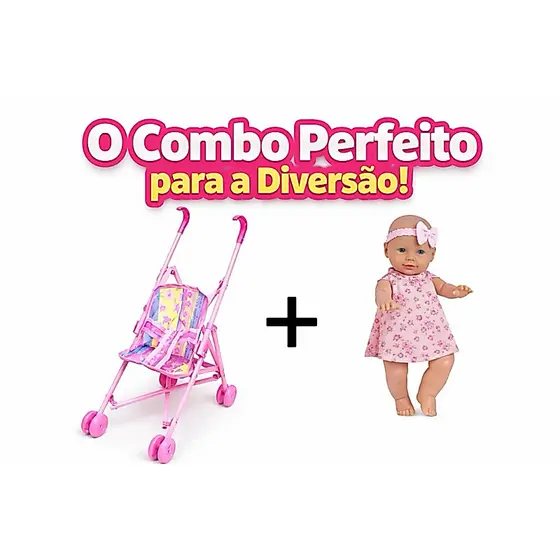 Kit Carrinho de Boneca Rosa 46cm + Boneca 33cm Presente Ideal Para Meninas.
