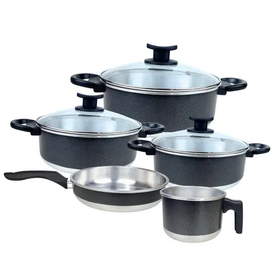 Conjunto de Panelas 5 Peças Preto com Tampa de Vidro Coleção Black – Panelas 16/18/20 + Frigideira N°20 + Caneco N°12