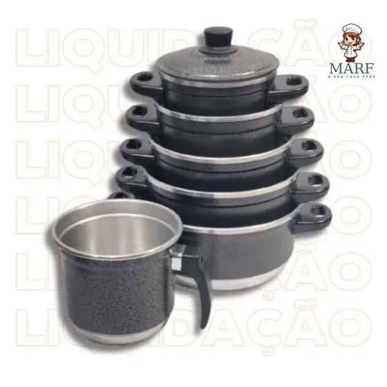 Jogo de Panelas de Aluminio + Leiteira Reforçado Craqueado Preto - Kit de Panelas 6 Peças Caçarola Panela Caneção