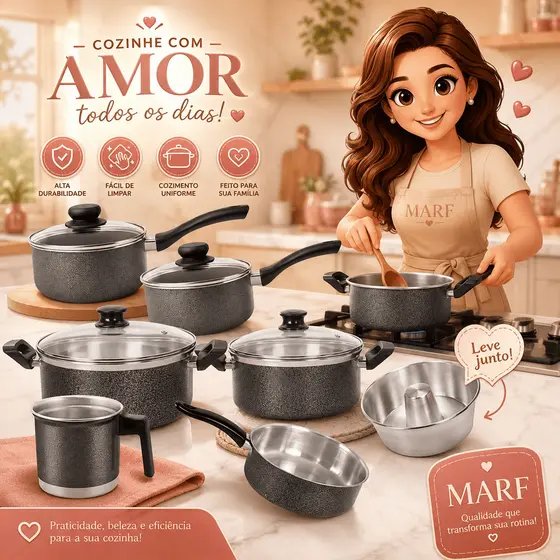 🤎 Kit Panelas Edição Limitada com Forma de Pudim com Pintura Eletrostática 7 Peças + Bônus | Tampa de Vidro
