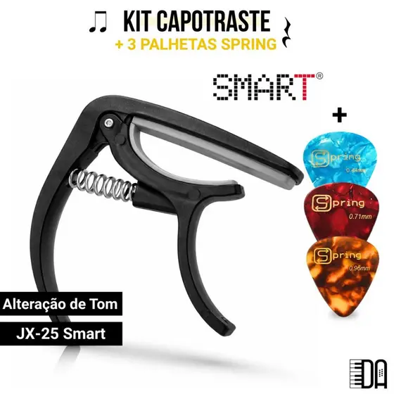 Kit Capotraste Para Violão e Guitarra Braçadeira Smart JX-25 Preto + 3 Palhetas Spring