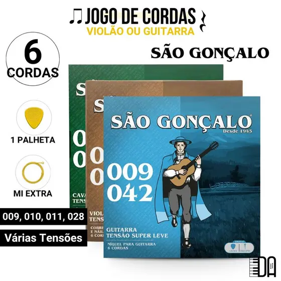 Jogo de Cordas São Gonçalo 6 Cordas Para Violão ou Guitarra com Palheta Várias Numerações