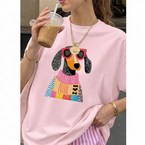 Camiseta Casual de Verão com Camiseta Larga com Estampa Salsicha Lançamento Varias Cores