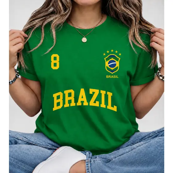 Camiseta Brasil Feminina Estilo Retrô Número 8 Camisa Copa Verde Amarela Moda Casual Streetwear