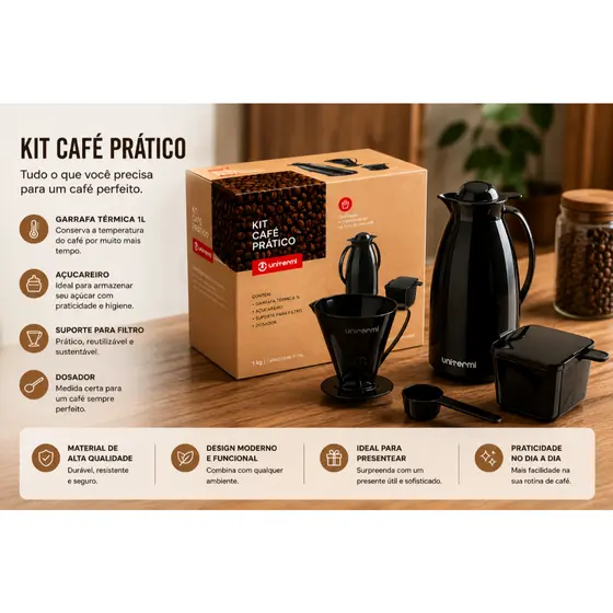 Kit Prático Para Café Garrafa + Açucareiro + Suporte Filtro UNITERMI