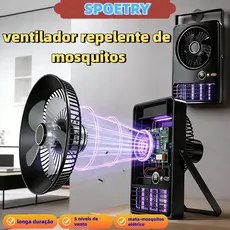 Ventilador Portátil SPOETRY 2 em 1 Mata Mosquito Elétrico Luz UV 5 Velocidades Recarregável Parede e Mesa