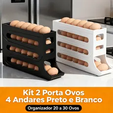 Kit Até 02 Porta Ovos Automático 4 Andares Preto e Branco Organizador Geladeira 20-30 Ovos