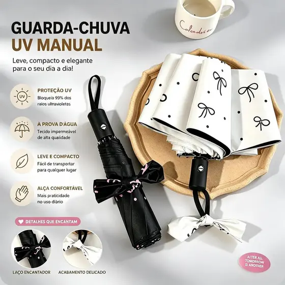 Guarda-Chuva Automático Bolinhas e Laço – Proteção Solar e UV, Ideal para Sol e Chuva LEN-1296