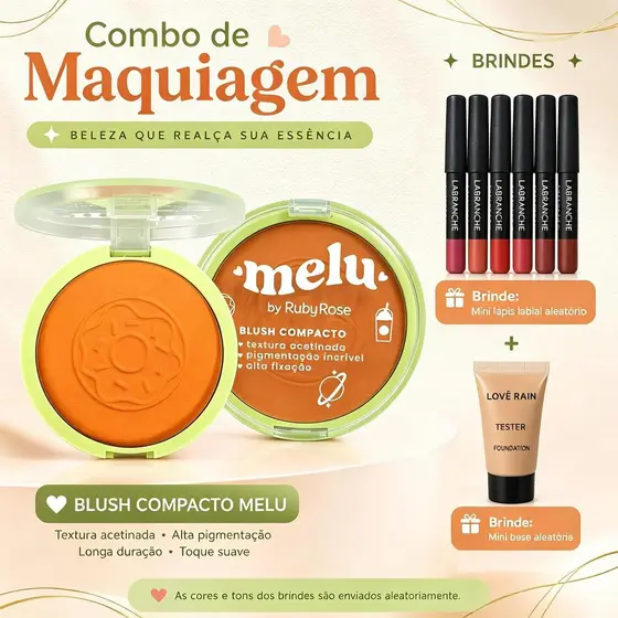 Combo Blush Compacto Melu com Mini Lápis Labial e Mini Base – Para Maquiagem Feminina