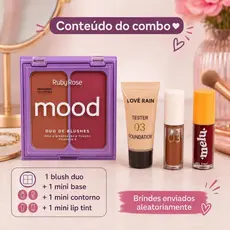 Duo de Blush Mood Ruby Rose – Inclui Mini Base, Mini Iluminador Líquido e Mini Lip Tint Aleatório