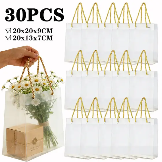30 Sacola de Presente PVC Fosco Alça Dourada de Tecido para Casamentos e Festas