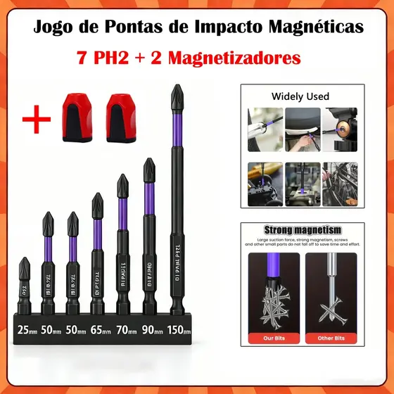 Philips Magnéticos PH2 de Impacto Anti Derrapante para Parafusadeira – 7 Bits Cruzados PH2 + 2 Magnetizadores