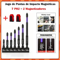 Philips Magnéticos PH2 de Impacto Anti Derrapante para Parafusadeira – 7 Bits Cruzados PH2 + 2 Magnetizadores