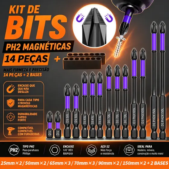 Kit 16 Bits Ponteiras Phillips PH2 Magnéticas de Impacto Aço Reforçado 25 a 150mm（14 PH2 + 2 Bases）