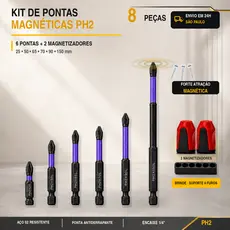 Jogo 6 Ponteiras Philips Magnéticos PH2 de Impacto Anti Derrapante Parafusadeira Bits Cruzado 2 Magnetizadores