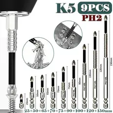 Kit 9 Bits PH2 para Parafusadeira 1/4 em Aço K5 Antiderrapante（25/50/65/70/75/90/100/120/150mm）