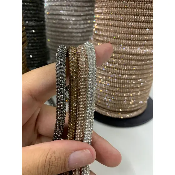 Cordão tubo (cadarço) de Strass Grosso de 6mm Brilhoso - 5 e 10 metros - 4 Cores