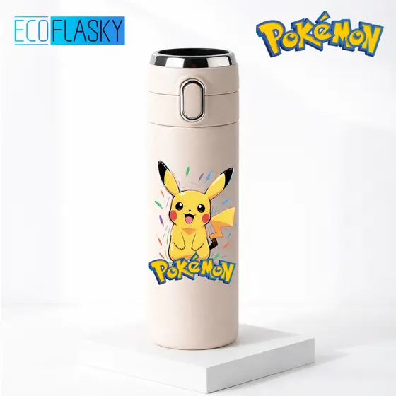 Garrafa Térmica Infantil de Aço Inox Pikachu Pokémon com Termometro LED Digital Anime Jogo 420ml