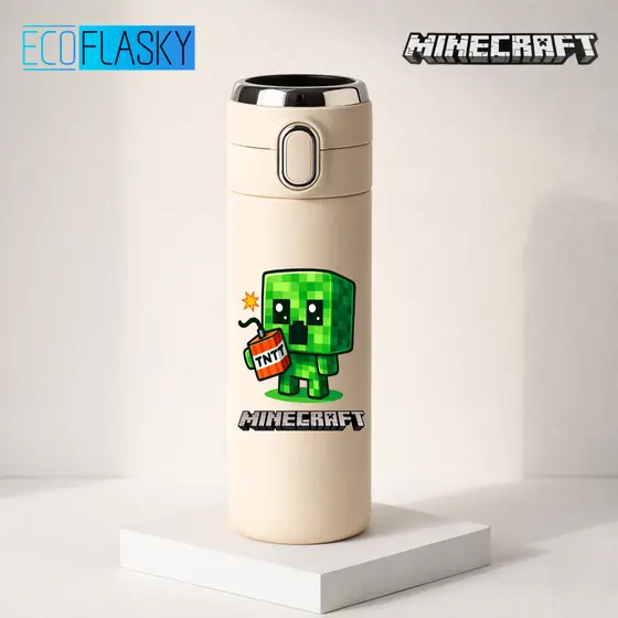 Garrafa Térmica Infantil de Aço Inox Minecraft Creeper com Termometro LED Digital Temperatura 420ml