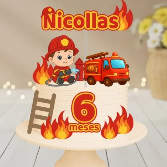 Topo de Bolo Bombeiro Baby Personalizado–Tema Bombeiro Infantil|Festa Mesversário|Aniversário Menino