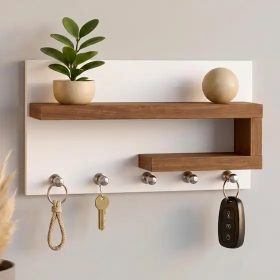 Porta Chaves Organizador com Prateleira decorativa – Design Moderno em MDF Branco e amadeirado