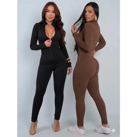 Macacão Feminino Virginia  Manga Longa Calça Canelado Moda Gringa Ziper Frontal Premium