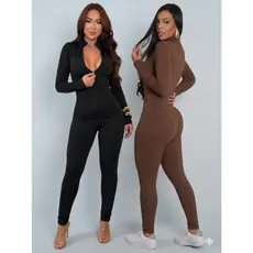 Macacão Feminino Virginia  Manga Longa Calça Canelado Moda Gringa Ziper Frontal Premium