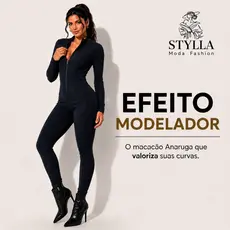 Macacão Feminino Canelado  Manga Longa Zíper Frontal Anaruga Inverno Elegante Premium Modela o Corpo