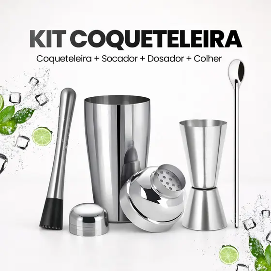 Kit Coqueteleira Inox até 820ml Caipirinha Profissional Barman 4 Peças Profissional Socador Dosador