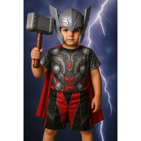 FANTASIA INFANTIL MACACÃO DO THOR ACOMPANHA A MÁSCARA E O MARTELO MENINOS ANIVERÁRIOS FESTAS CARNAVAL