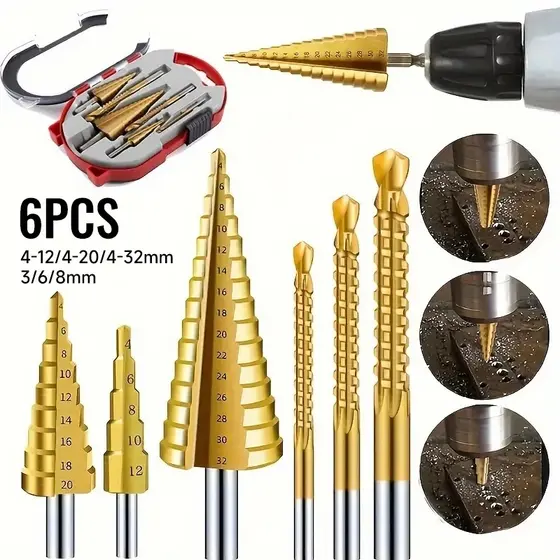 Kit 6 Brocas Titânio Escalonada Amarela Aço e Broca Corte Lateral Marcador Punção Com Caixa