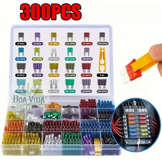 300 Pcs Conjunto Sortido Perfil De Tamanho Médio Lâmina Fusível carro 2-40A com clipe de caixa  vivaloja_viva