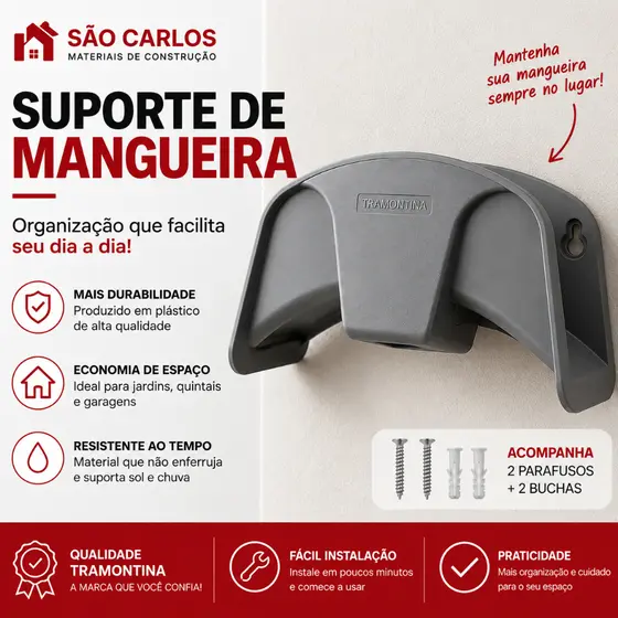 Suporte de Mangueira Tramontina Parede Plástico Reforçado Até 35 m Kit parafusos Buchas Organização